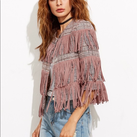 Pink Collarless Tweed Jacket With Fringe Detail - Picture 7 of 7